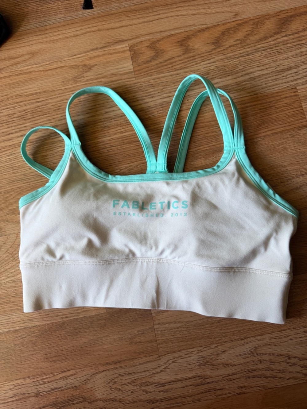 Fabletics Cream Sports Bra with Mint Trim